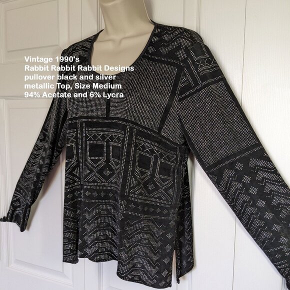 VTG 90's Rabbit Rabbit Rabbit Designs pullover black/silver metallic Top, Sz Med - Picture 4 of 11